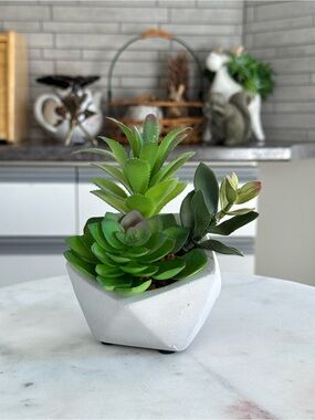 Modern Faux Succulent Arrangement in White Geometric Concrete Planter